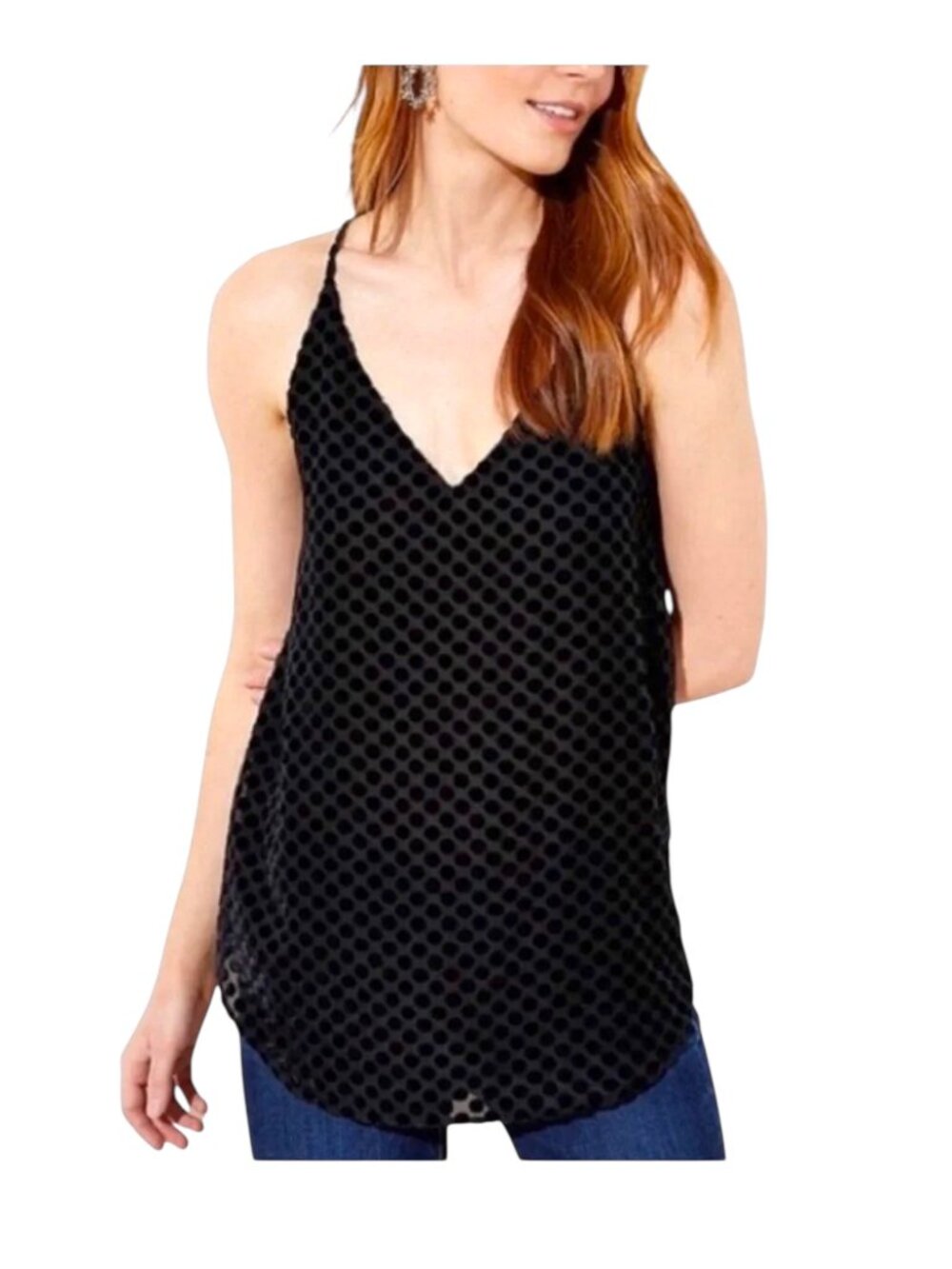 LOFT Black Velvet Raised Polka Dot Strappy V-Neck Cami Tank Top, Size XS - NWT